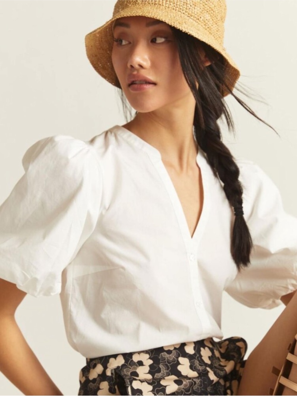 Sunday in Brooklyn White Puff-Sleeve V-Neck Blouse